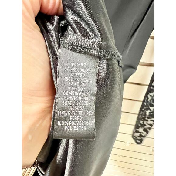 David Meister Leopard Print Sheer Sleeve Ruched Side Midi Sheath Dress Black 6 - Picture 6 of 6